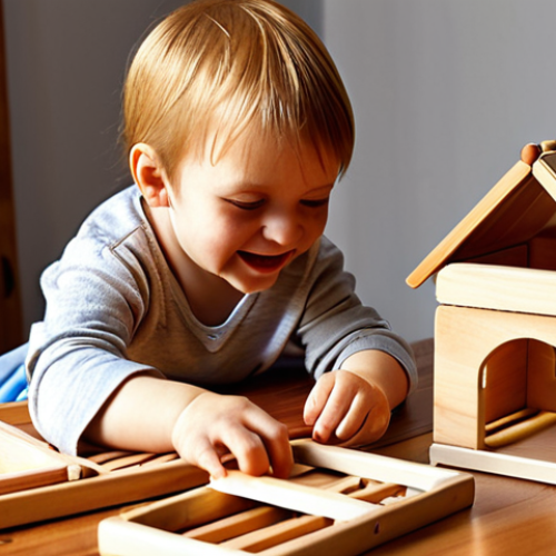 Home 11 **
A small child happily playing with a wooden toy construction set, building a house. The scene should emphasize the natural warmth and texture of the wood. Use warm, inviting lighting.
**
