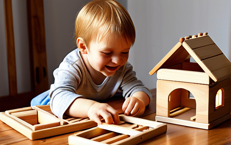 **
A small child happily playing with a wooden toy construction set, building a house. The scene should emphasize the natural warmth and texture of the wood. Use warm, inviting lighting.
**