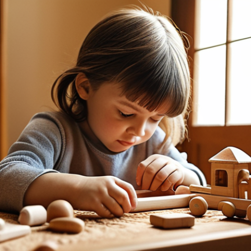 Home 6 **A child playing with wooden toys:** A cozy room scene, a young child engrossed in playing with handmade wooden toys. The focus is on tactile interaction and traditional aesthetics. Soft, natural lighting to enhance the warmth of the wooden textures.