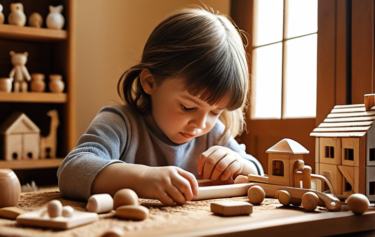 **A child playing with wooden toys:** A cozy room scene, a young child engrossed in playing with handmade wooden toys. The focus is on tactile interaction and traditional aesthetics. Soft, natural lighting to enhance the warmth of the wooden textures.