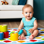 **

A bright and cheerful nursery scene. A baby (around 9 months old) sits on a colorful playmat surrounded by wooden toys: stacking rings, a shape sorter with simple geometric shapes, and a small set of nesting dolls (матрёшка). The baby is fully clothed in a cute, comfortable romper. Soft, natural light. Focus on the baby's engaged expression and interaction with the toys. Background is a warmly decorated room with other age-appropriate safe toys. safe for work, appropriate content, fully clothed, professional, modest, family-friendly, perfect anatomy, correct proportions, natural pose, well-formed hands, proper finger count, natural body proportions.

**
