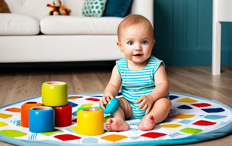 **
A bright and cheerful nursery scene. A baby (around 9 months old) sits on a colorful playmat surrounded by wooden toys: stacking rings, a shape sorter with simple geometric shapes, and a small set of nesting dolls (матрёшка). The baby is fully clothed in a cute, comfortable romper. Soft, natural light. Focus on the baby's engaged expression and interaction with the toys. Background is a warmly decorated room with other age-appropriate safe toys. safe for work, appropriate content, fully clothed, professional, modest, family-friendly, perfect anatomy, correct proportions, natural pose, well-formed hands, proper finger count, natural body proportions.
**