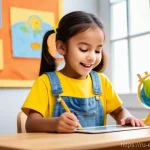 어린이 코딩 게임과 교육완구 - A joyful 7-year-old girl, wearing a bright yellow t-shirt and denim overalls, sits comfortably at a ...