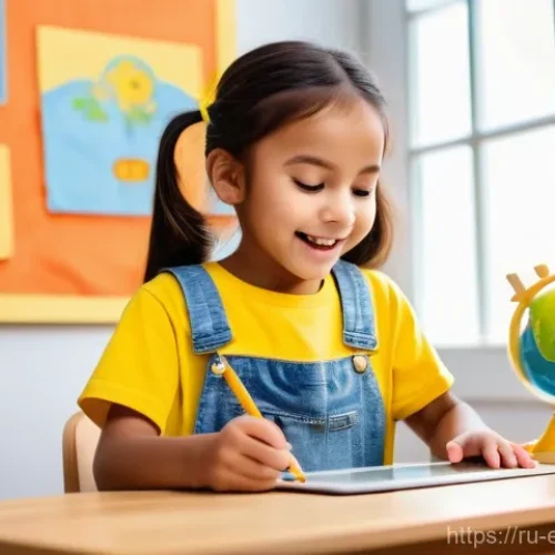 어린이 코딩 게임과 교육완구 - A joyful 7-year-old girl, wearing a bright yellow t-shirt and denim overalls, sits comfortably at a ...