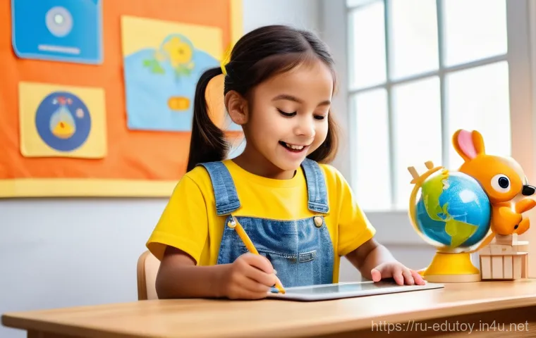 어린이 코딩 게임과 교육완구 - A joyful 7-year-old girl, wearing a bright yellow t-shirt and denim overalls, sits comfortably at a ...