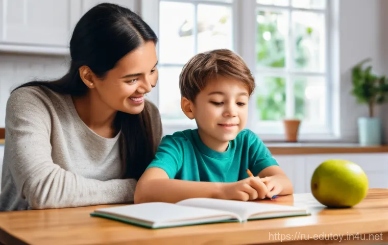 어린이 코딩 게임과 교육완구 - A focused 10-year-old boy, wearing a practical blue polo shirt and khaki pants, kneels on the floor ...