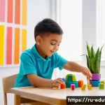 DIY 교육완구의 위험 요소 분석 - A cozy indoor scene featuring a young child wearing a colorful diaper, sitting at a well-organized p...