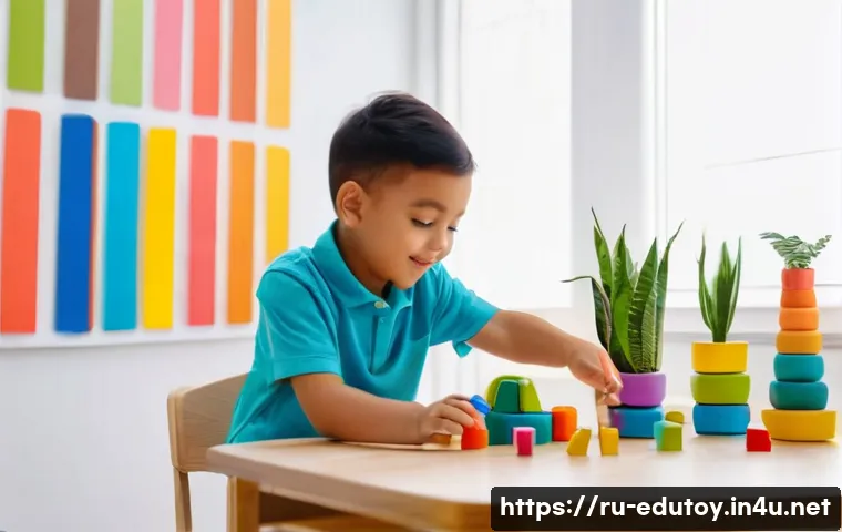 DIY 교육완구의 위험 요소 분석 - A cozy indoor scene featuring a young child wearing a colorful diaper, sitting at a well-organized p...