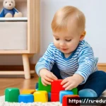 목재 완구와 플라스틱 완구 비교 - A cozy children's playroom in a Russian home, featuring a warm wooden shelf neatly organized with na...