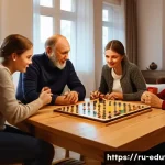 보드게임의 교육적 가치와 활용법 - A cozy family game night scene in a modern Russian living room, featuring a multi-generational group...