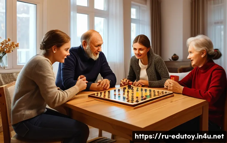 보드게임의 교육적 가치와 활용법 - A cozy family game night scene in a modern Russian living room, featuring a multi-generational group...