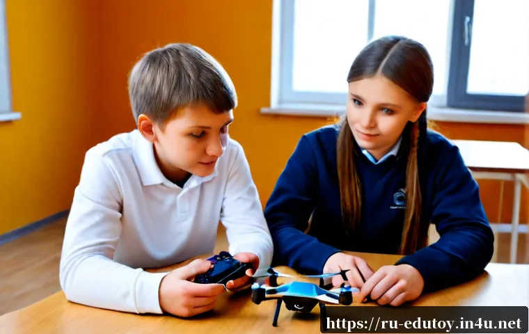 Home 17 교육용 드론 사용 가이드 - Photorealistic educational drone lesson in a bright modern Russian school classroom, a middle-aged i...